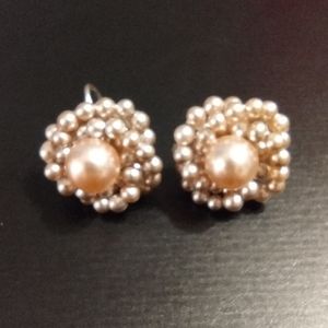 Vintage Faux Pearl Flower Cluster Earrings w/ screw back clip ons. Stamped JAPAN